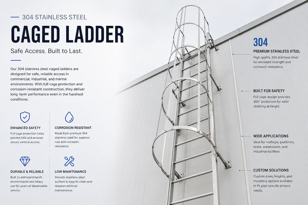 Stainless steel caged ladder for rooftop access