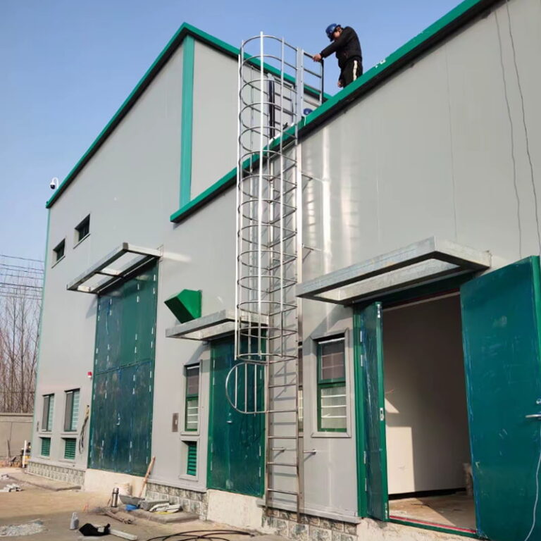 Corrosion resistant stainless steel ladder with safety cage for pharmaceutical factory