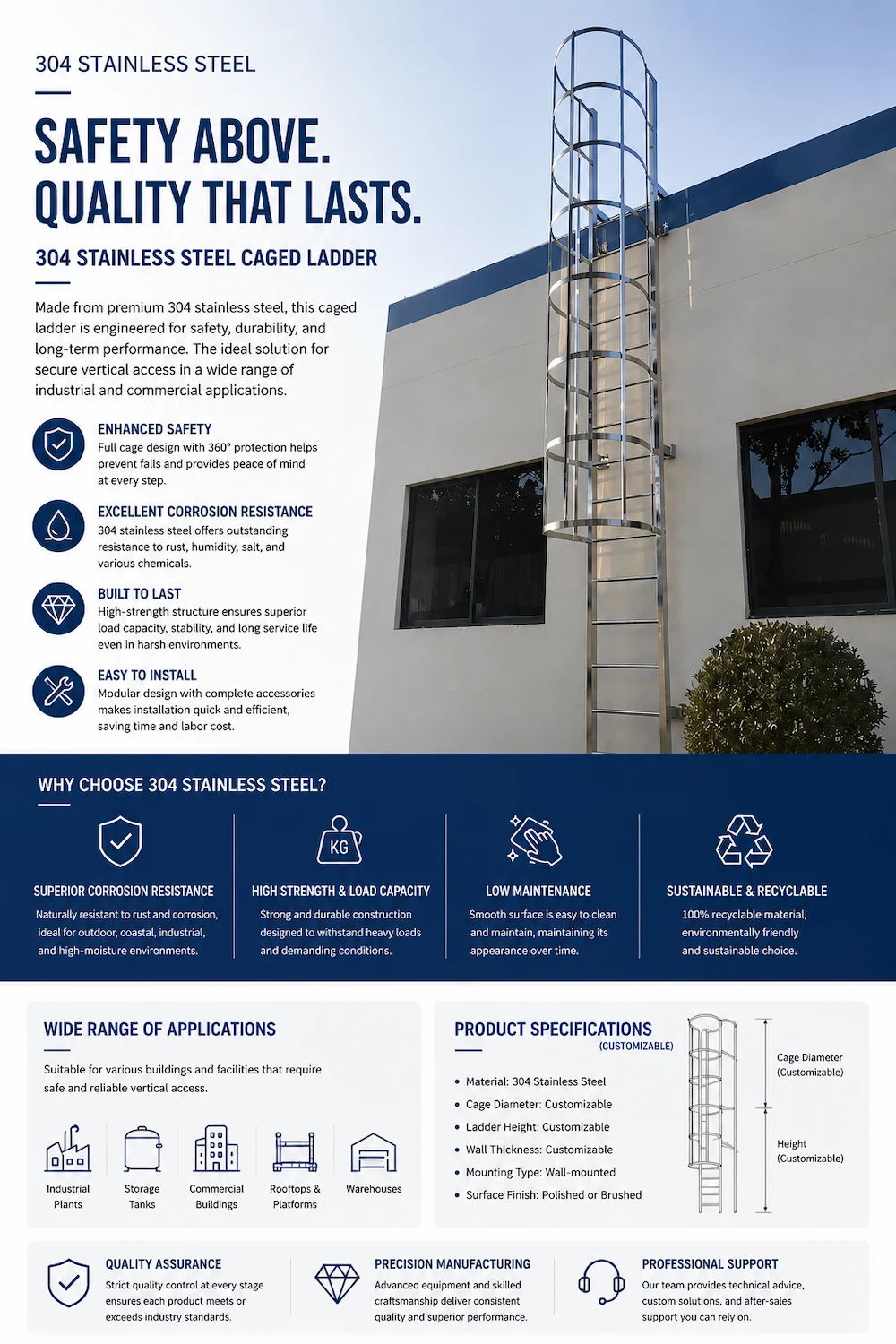 Custom 304 stainless steel caged ladder solutions