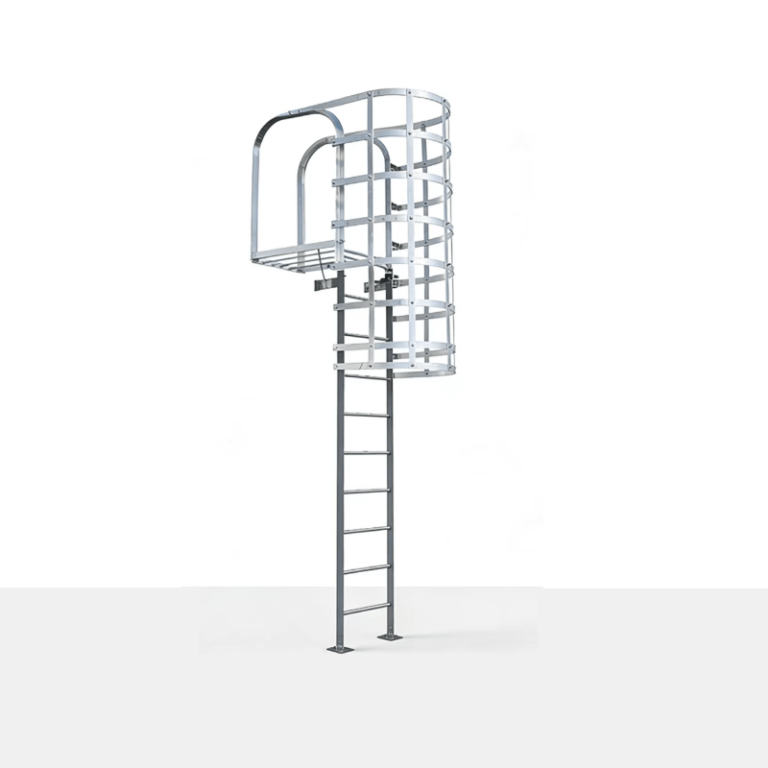 Galvanized vertical steel ladder with safety cage for industrial access