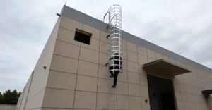 Steel Ladder with Safety Cage | Xiaofan Safety 1 Outdoor steel ladder with safety cage installed on industrial building wall