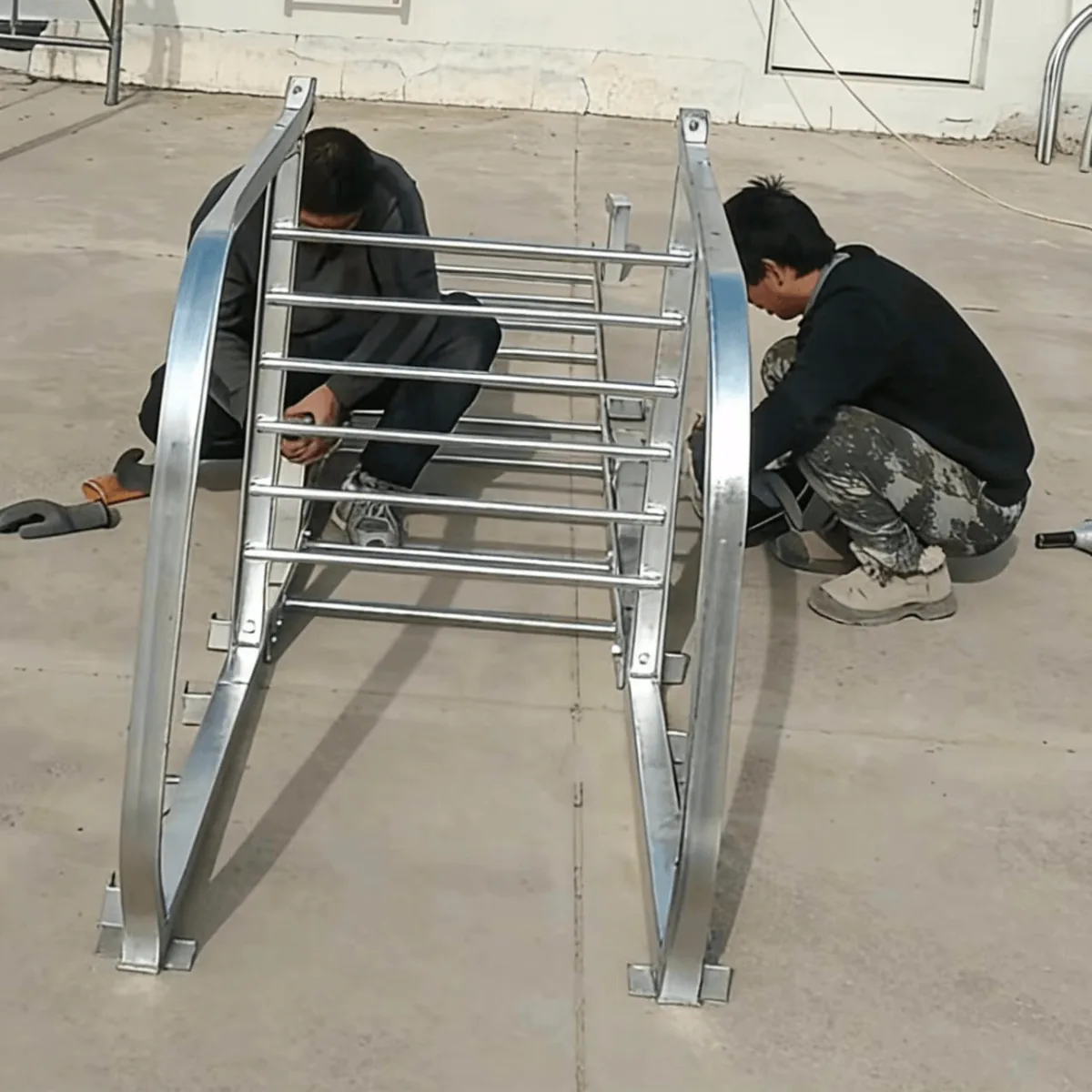Steel ladder safety cage section detail before installation